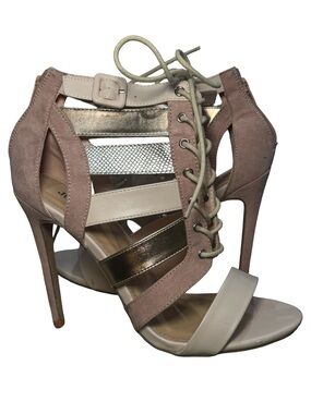 Women's Strappy Lace-Up High Heel Stilleto Sandals in Blush and Metallic